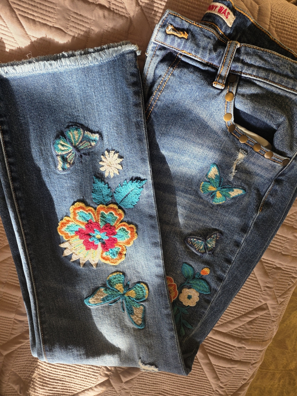 Johnny Was Denim Ankle Jeans with Multicolor Butterfly & Floral Embroidery